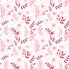 Vintage floral seamless pattern with flowers drawn by a dotted line and hand drawing leaf. Dashed line floral vector background.