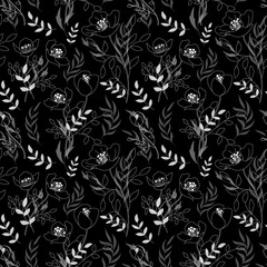 Fototapeta na wymiar Black and white pattern poppies, cute seamless background, seamless floral illustrations. Dashed line drawing flowers and leaves on black
