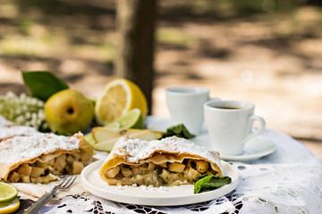 pie, strudel with pear and lemon. Cup of coffee. .Picnic, Breakfast in nature. Food in nature.