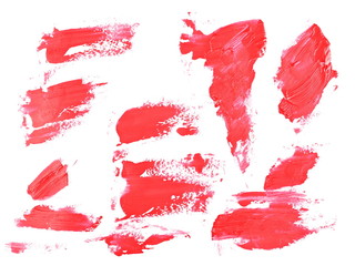 set photo red oil paint, grunge brush strokes oil paint isolated on white background, clipping path