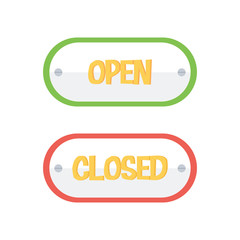 Cartoon flat design open and closed signs isolated on white background.
