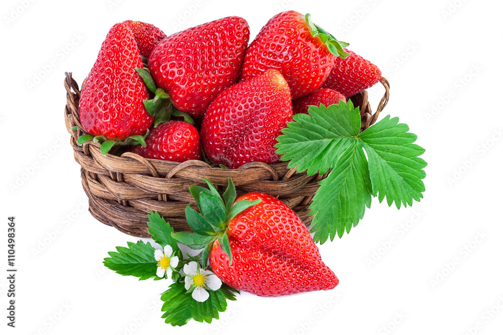 Wall mural Basket of strawberries closeup. Isolated on white background.