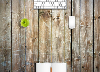 Office business desk top view mock up image. Wooden background