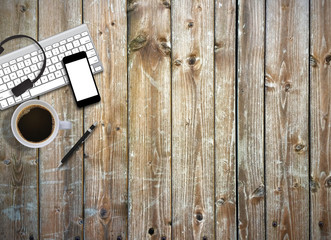 Office business desk top view mock up image. Wooden background