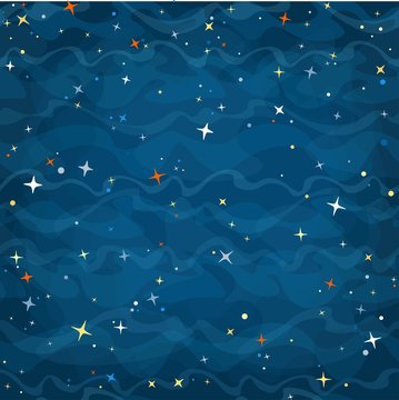 Cartoon space seamless background with colorful stars. Night starry sky. Vector illustration.
