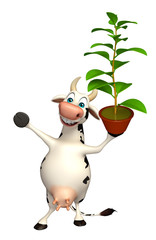 fun Cow cartoon character with plant