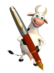 cute Cow cartoon character with pen