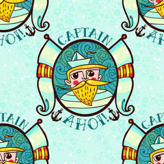 Seaman with a lighthouse in the style of an old tattoo. Seamless pattern.