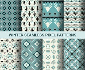 Collection of pixel retro seamless patterns with stylized winter
