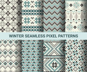 Collection of pixel retro seamless patterns with stylized winter