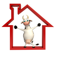 cute Cow cartoon character with home sign