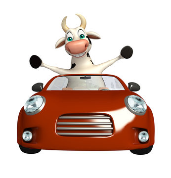 Cute Cow Cartoon Character With Car