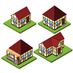 Vector rural isometric house collection in timber framing style. Old European fachwerk style buildings.