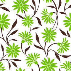 Vector seamless pattern with green flowers and brown leaves on a white background.
