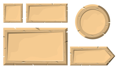 Set of wooden plank banners or buttons in cartoon style. Vector illustration.
