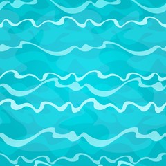 Cartoon seamless shiny blue water background with waves. Vector illustration.