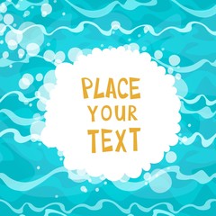 Cartoon placard on shiny blue water background with waves. Vector illustration.
