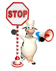 fun Cow cartoon character with loudspeaker and stop sign