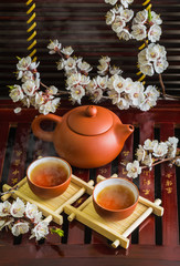 Chinese tea set with spring flowers
