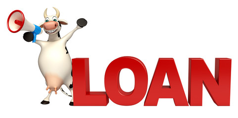 fun Cow cartoon character with loudspeaker and loan
