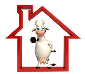 cute Cow cartoon character with home sign