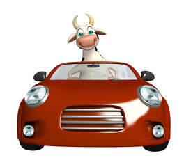 cute Cow cartoon character with car