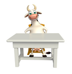 cute Cow cartoon character with table and chair