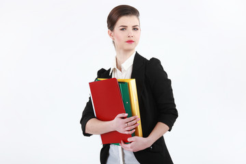 Fototapeta premium Portrait of happy young business woman isolated on white backgro