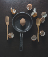 eggs in an iron pan on wooden table