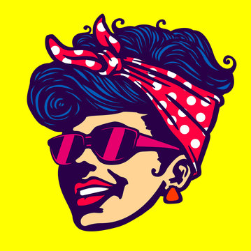 Vintage retro cool girl face head wearing sunglasses rockabilly hairstyle vector