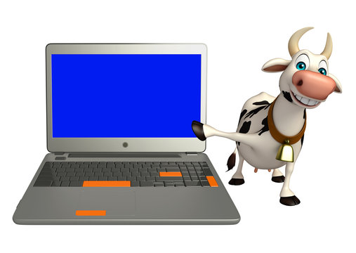 cute Cow cartoon character with laptop