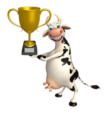 Cow cartoon character with winning cup