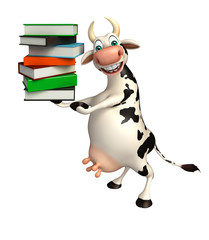 cute Cow cartoon character with book stack