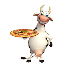 cute Cow cartoon character with pizza