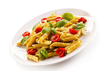 Penne, pesto sauce and vegetables 