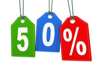 Obraz na płótnie Canvas 3d hanging tag label of fifty 50 percent discount offer