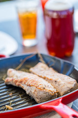 Grilled Ribeye Steak Entrecote on Grill Pan, Opening Summer Season in Garden