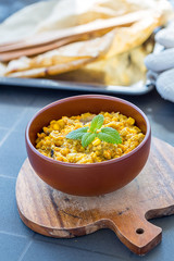 Homemade Red and Yellow Lentil Soup with Carrots and Onions