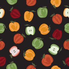 Seamless pattern with hand painted apples on black background. 