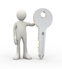 3d man standing with big silver key