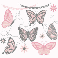 Pink and Grey Butterfly Collections.Butterfly Silhouette,Flower,Lace Border,Invitations