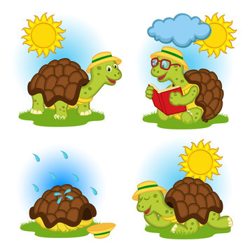 turtle reading a book and hides from the rain - vector illustration, eps