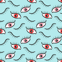  Abstract seamless pattern with open and closed eyes. Eyelashes background illustration.