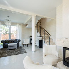 Horizontal view of modern interior with fireplace
