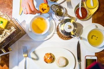 Beautiful English Afternoon Breakfast Ceremony with Desserts and Snacks in Hong Kong Restaurant,...