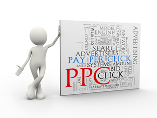 3d man standing with ppc wordcloud word tags