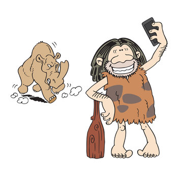 Dangerous selfie. Cartoon caveman taking a selfie photograph, unaware of the rhino coming behind him