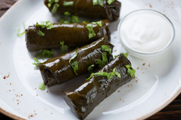 Close-up of dolmades or stuffed grape leaves, selective focus