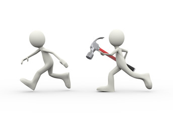 3d person chasing man with claw hammer