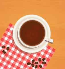 Coffee cup top view on wooden table background
